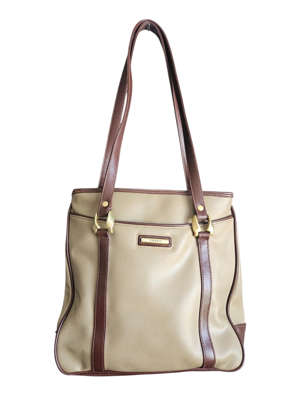 Vintage Faux Leather Capezio Tote With Tan/Beige Body And Dark Brown Trim